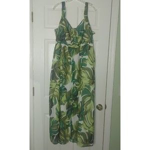 Denim 24/7 Womens Plus Size 20W Floral Sleeveless Maxi Dress Lined Smocked Green